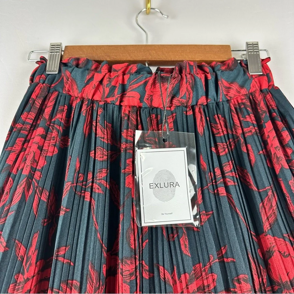 EXLURA Women Floral Pleated Flowy Side Pocket Midi Skirt Red Navy - Picture 6 of 15